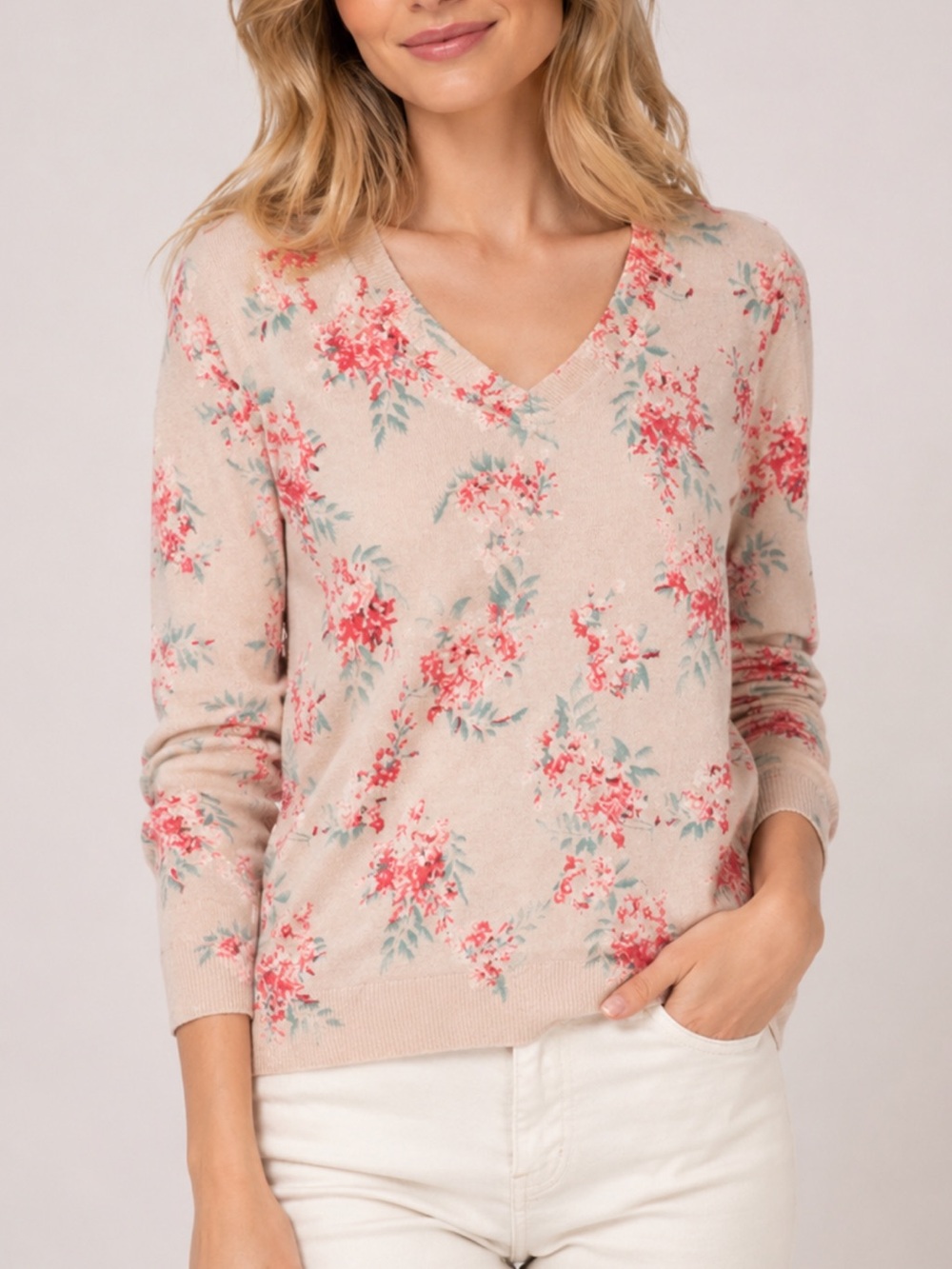 Charter Club Cashmere Sweater in Blush with Coral Accents